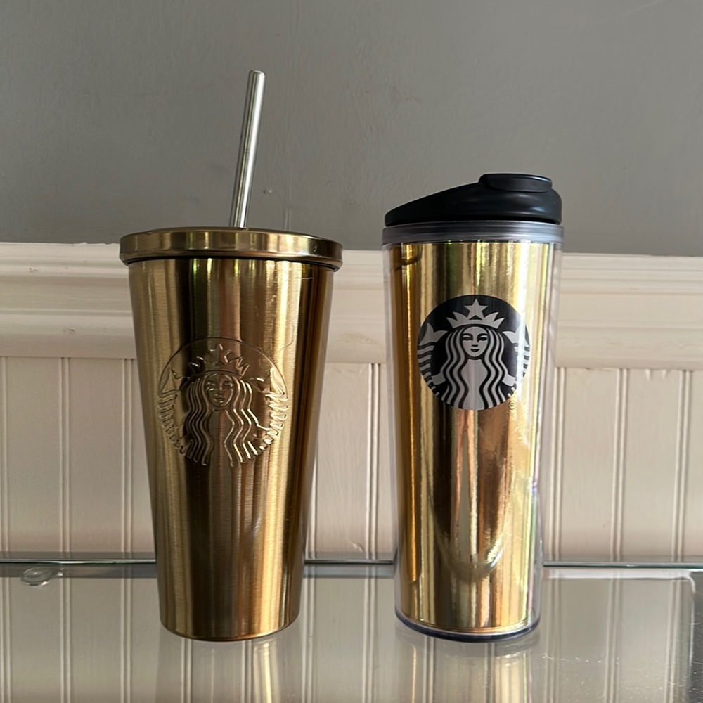 Starbucks Gold Stainless Steel Tumbler Duo with Black Lid & Straw
